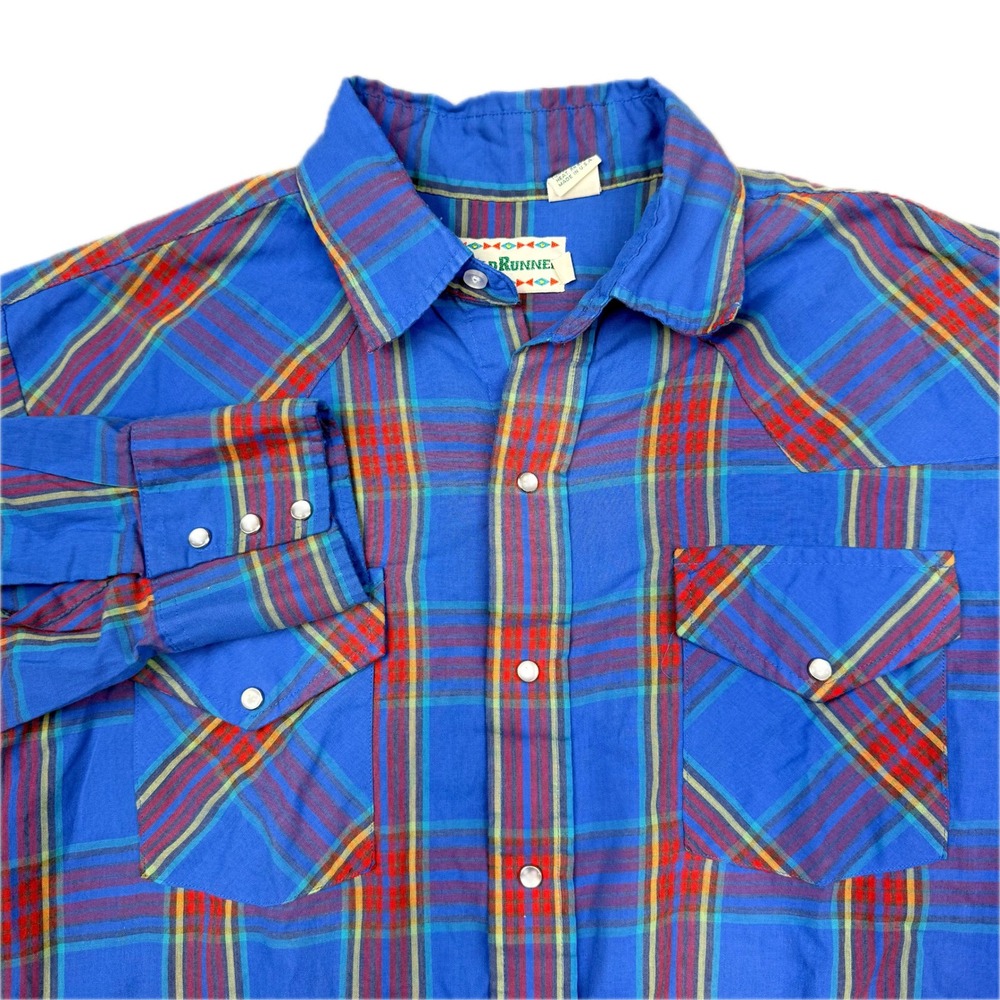 Vintage Western Button Shirt Cowboy Fresh Prince Road Runner USA Made Large Blue